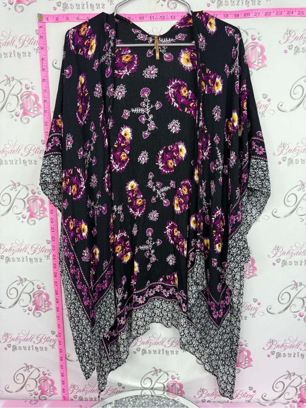 Harlow Black Floral Open Front Cardigan with Purple and Yellow Accents